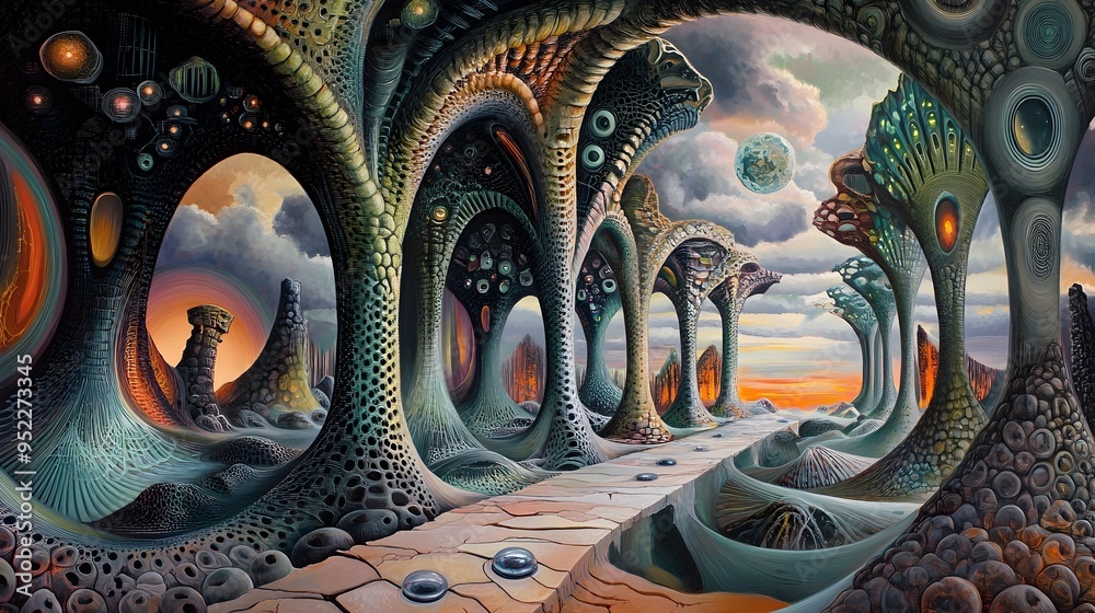 Surreal Cosmic Landscape with Glowing Portals and Mysterious Creatures