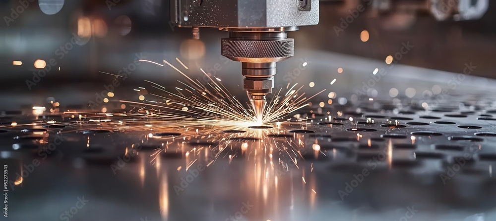 Precision Laser Cutting Machine with Sparks in Industrial Setting Precision Laser Cutting Machine with Sparks in Industrial Setting