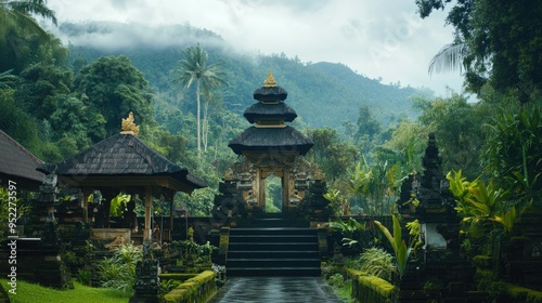 Traditional Balinese temple surrounded by lush greenery and mountains. No people, copy space. photo