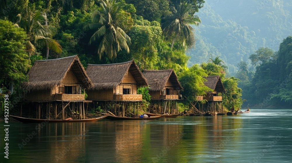 Traditional bamboo stilt houses on a serene river in Laos. No people, copy space. Traditional bamboo stilt houses on a serene river in Laos. No people, copy space.