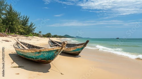 Traditional fishing boats anchored along a sandy beach in Vietnam. No people, copy space.