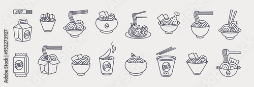 Noodle icons. Japanese food. Asian ramen. Chinese chopsticks. Pasta cooking. Soup dish pictogram. Instant spaghetti preparing symbol. Line wok box. Udon bowl. Japan dinner. Vector kitchen logo set