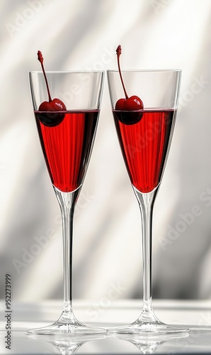 Elegant Cherry Cocktails in Crystal Glasses with Red and White Colors photo