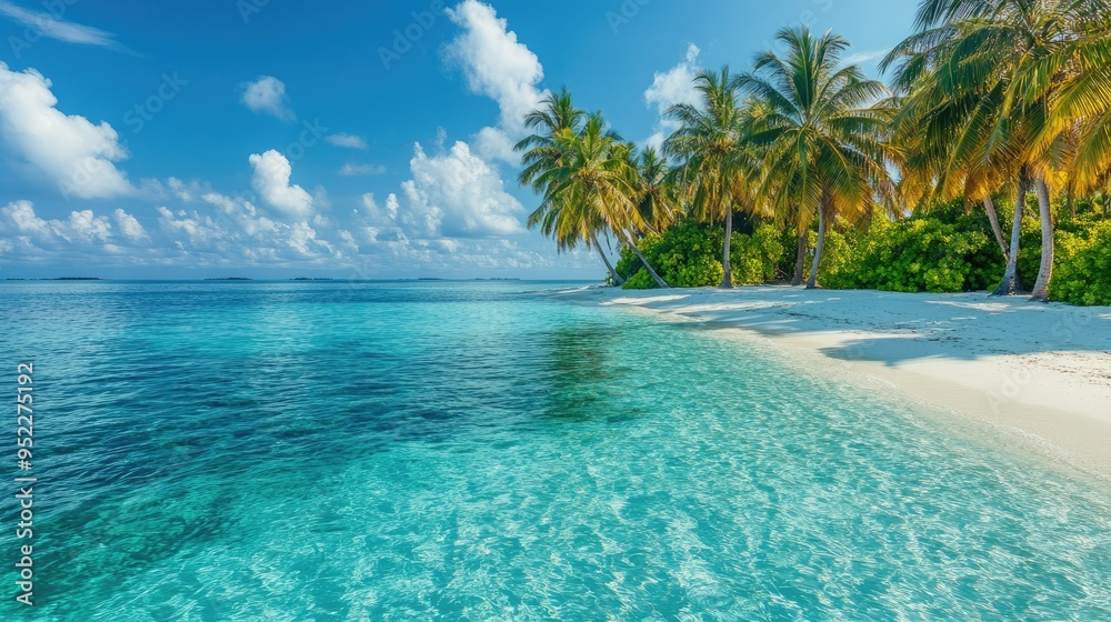 Fototapeta premium Tropical island with crystal-clear water and coconut palms in the Maldives. No people, copy space.