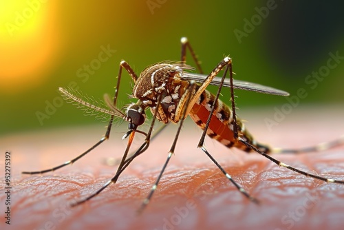 Detailed macro shot of mosquito biting human skin, capturing intricate features and texture of insect, highlighting invasive nature of pests