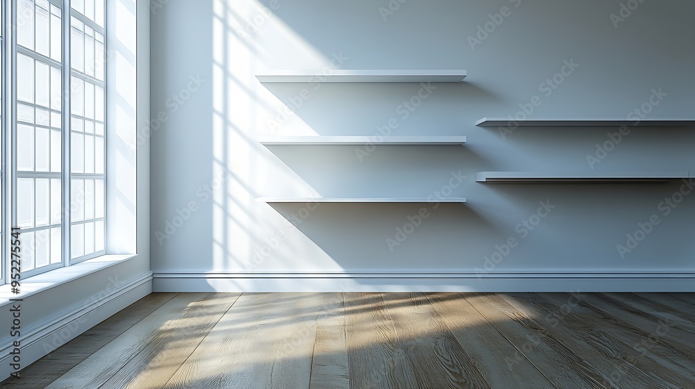 Fototapeta premium Empty bedroom with white wooden shelves on the wall French oak floors : Generative AI