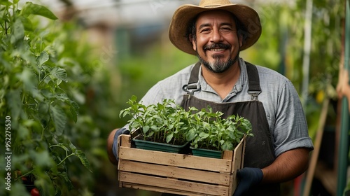 Portrait of latin american man gardener holding crate with tomato seedlings in greenhouse : Generative AI photo