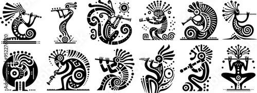 Black and white stylized illustration featuring a figure playing a flute 