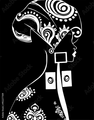 Stylized black and white silhouette illustration of a woman's profile