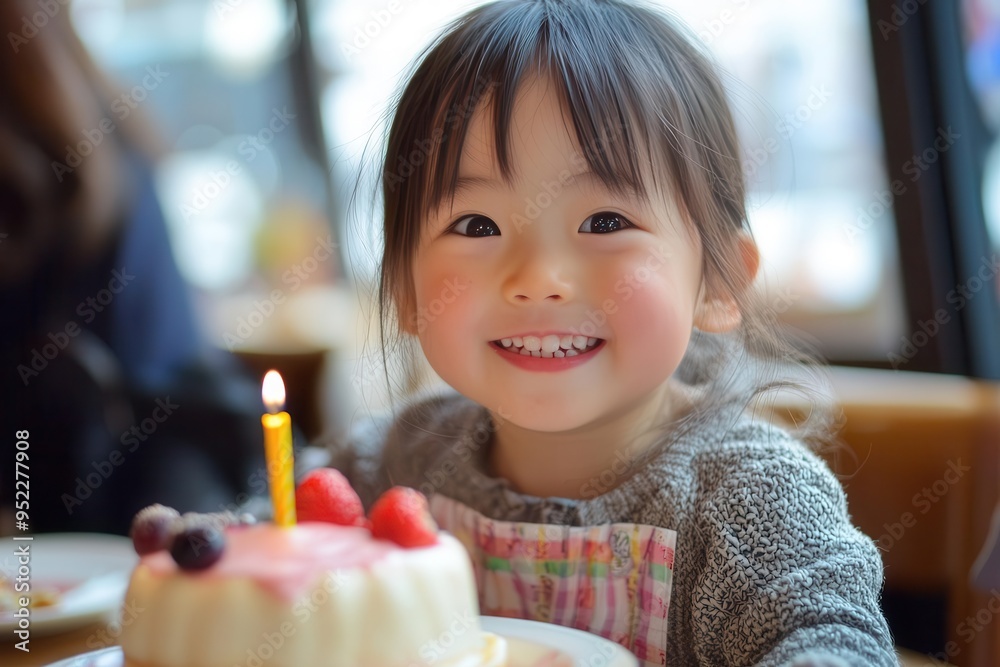 Adorable Child Smiling at Birthday Party with Cake and Candle Adorable Child Smiling at Birthday Party with Cake and Candle