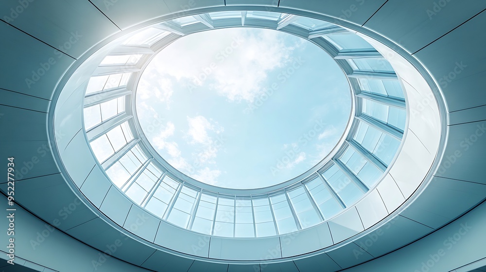 Fototapeta premium Skylight Curved wall Abstract modern architecture Closeup fragment of interior Round structure of ceiling and roof Minimal futuristic office building background Geometric composition o : Generative AI