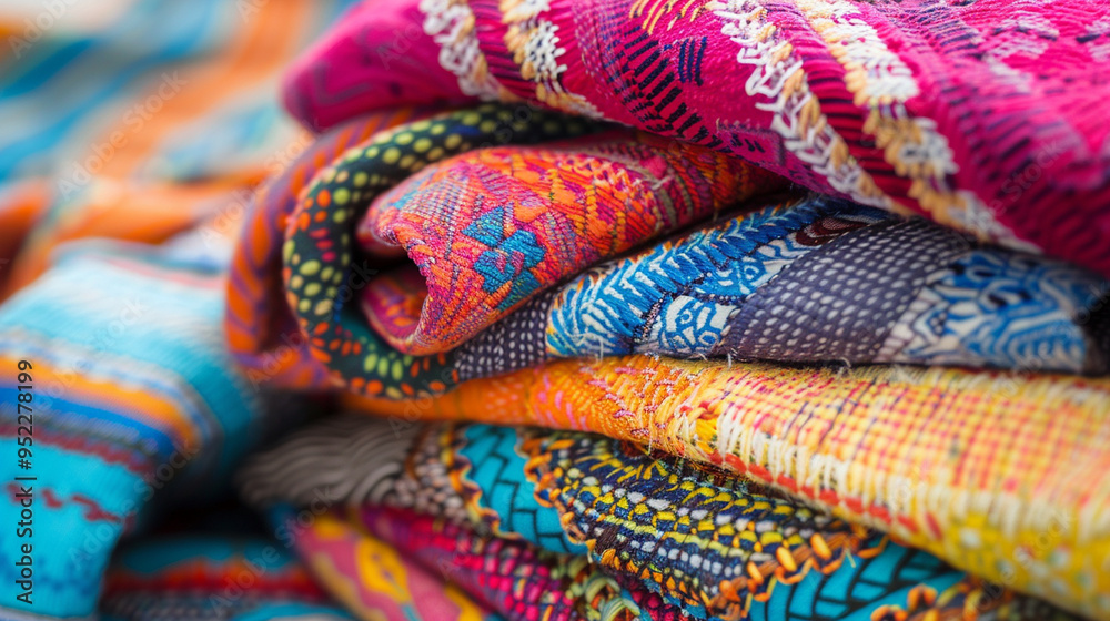 Close-up of a set of colorful beach towels stacked on top of each other, displaying vibrant patterns and textures. Close-up of a set of colorful beach towels stacked on top of each other, displaying vibrant patterns and textures.