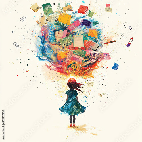 Illustration d'une fille et explosion colorée de livres et fournitures