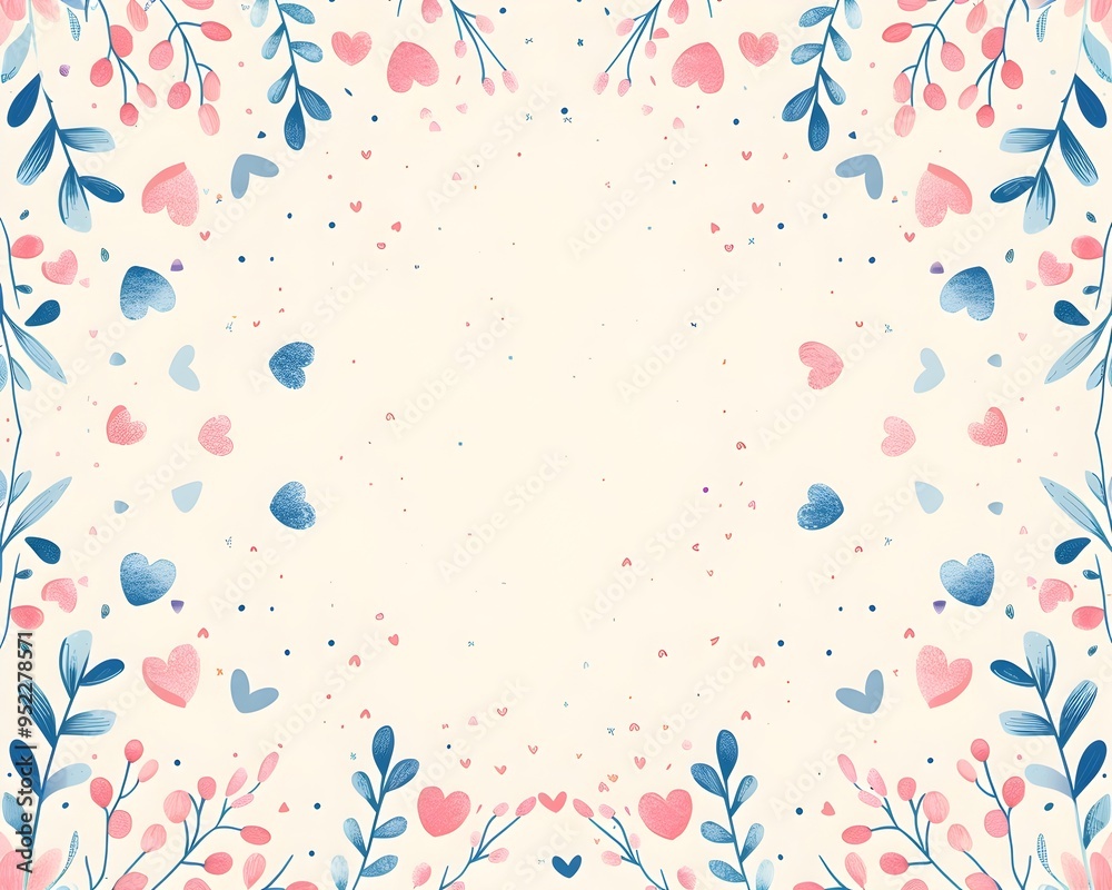 Romantic Heart Patterned Frame Background with Whimsical Floral and Soft Color Palette Romantic Heart Patterned Frame Background with Whimsical Floral and Soft Color Palette