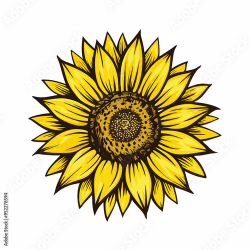 Yellow sunflower. Wildflower sun shaped view from above, sunny blossom with black seeds and petals (8)