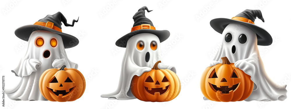 Cute ghost wearing hat with Halloween pumpkin, isolate on transparent background Cute ghost wearing hat with Halloween pumpkin, isolate on transparent background