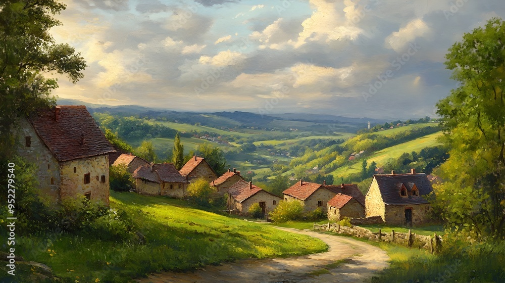 Idyllic Quaint Village Nestled in Picturesque Countryside Landscape with Pastoral Hills and Houses
