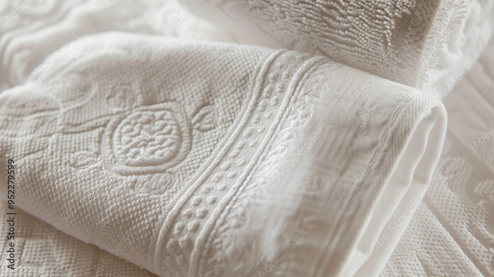 Close-up of a towel set with a monogram embroidered on the corner, showing the fine stitching detail. Close-up of a towel set with a monogram embroidered on the corner, showing the fine stitching detail.