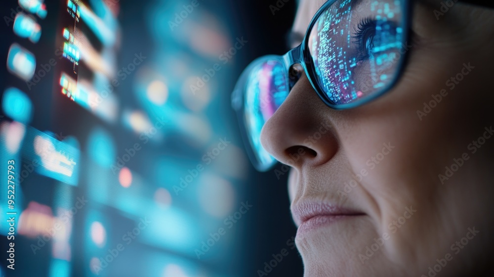 custom made wallpaper toronto digitalWoman in glasses looks intently at a digital screen with data and code reflecting in the glasses