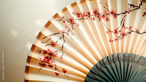 A close-up of a Chinese fan with delicate hand-painted designs. No people, copy space.