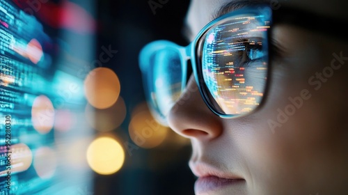 Woman in glasses looks intently at a digital screen with data and code reflecting in the glasses photo