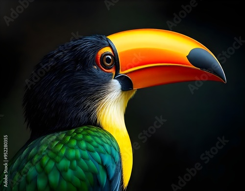 toucan, toucan on a black background, toucan bird on a branch. photo