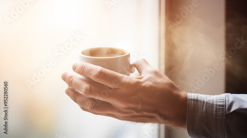 Hand Holding A Coffee Cup With Steam In Morning Light By Window photo