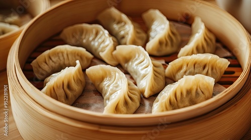 A close-up of Chinese dumplings arranged on a bamboo steamer. No people, copy space.