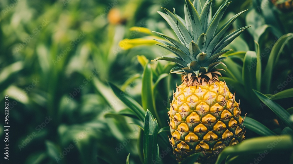 Ripe Pineapple Growing in a Field
