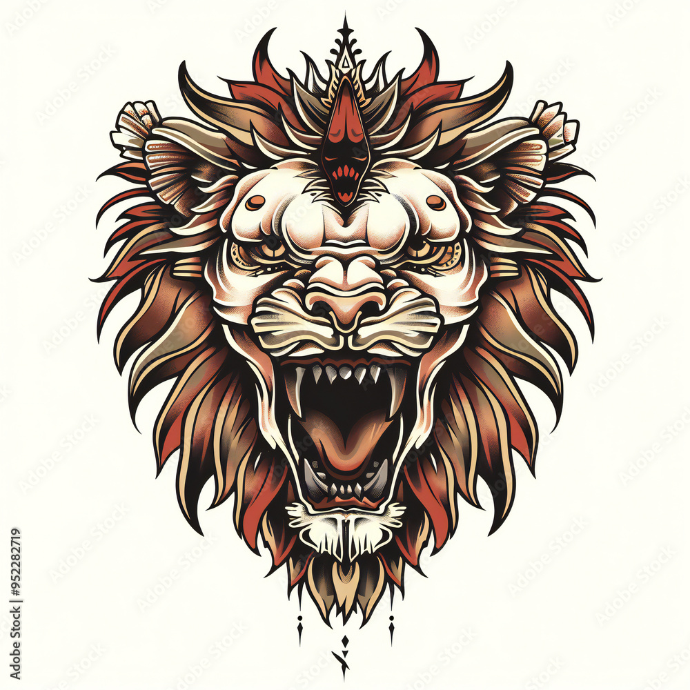 Obraz premium Lion head skeleton bones very simple traditional tattoo flash styles illustration