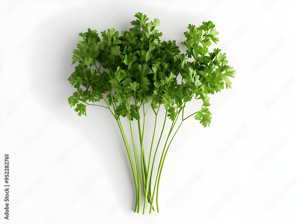 Crisp Parsley Sprigs Arranged in Minimalist Still Life on White Background Crisp Parsley Sprigs Arranged in Minimalist Still Life on White Background