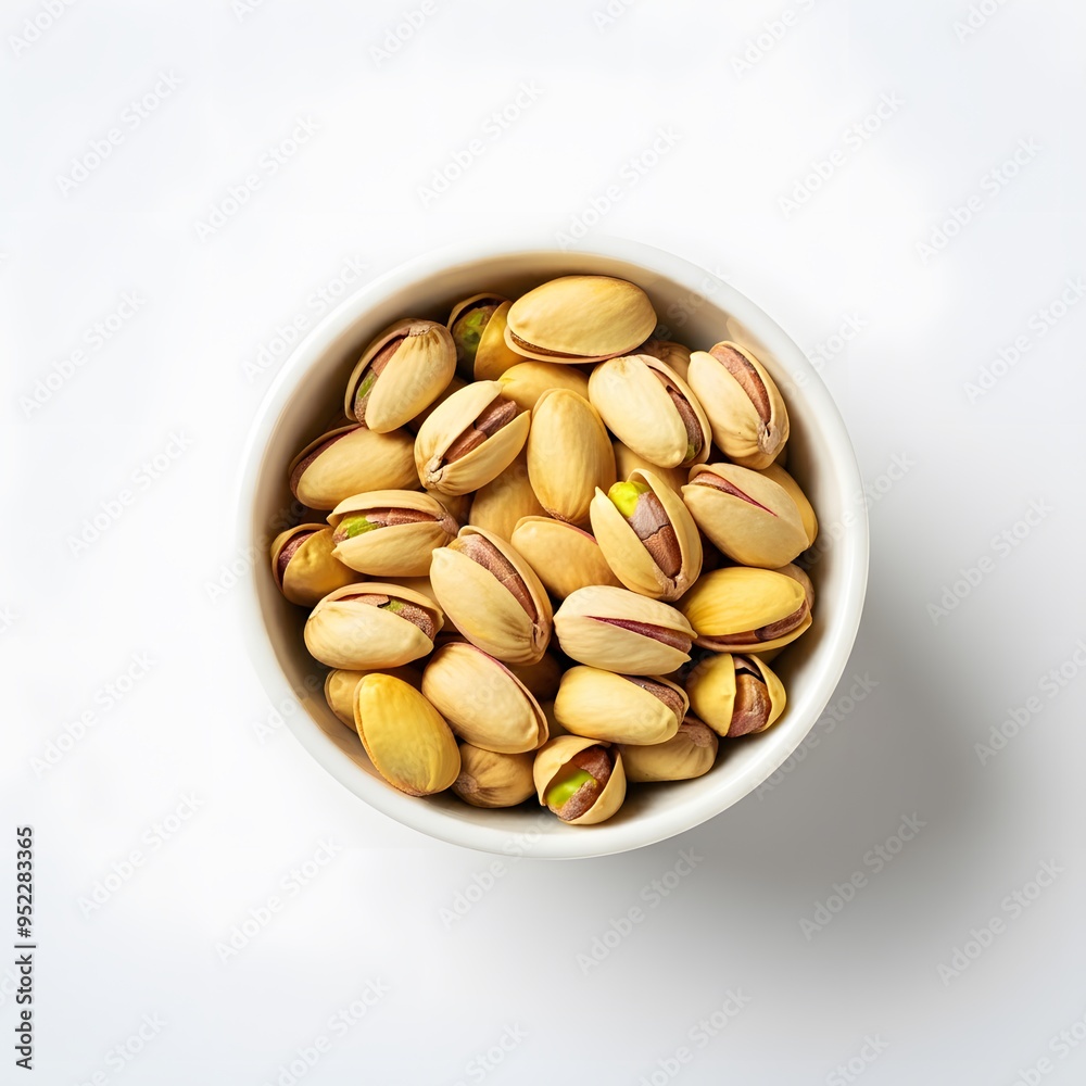 Top View of Pistachios in Bowl on White Background Top View of Pistachios in Bowl on White Background