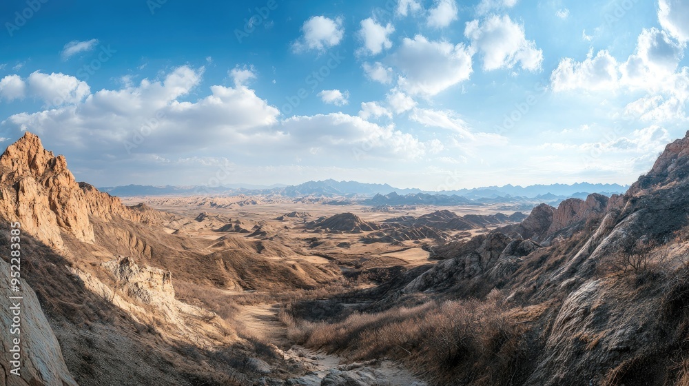 A panoramic view of a Chinese plateau with rugged terrain and open skies. No people, copy space. A panoramic view of a Chinese plateau with rugged terrain and open skies. No people, copy space.