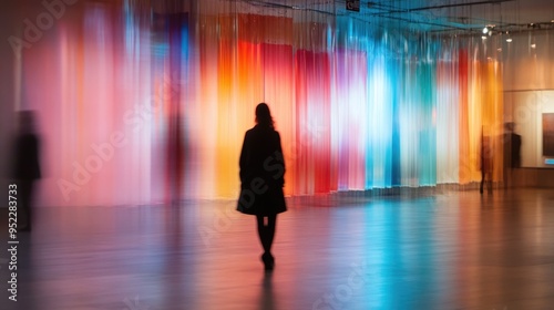 Abstract blurred modern gallery space with colorful lighting and silhouette of people