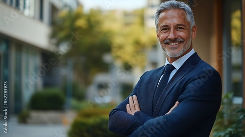 Portrait of mature grayhaired businessman senior boss smiling and looking at camera with arms crossed grayhaired man outside office building successful investor and owner in business s : Generative AI photo