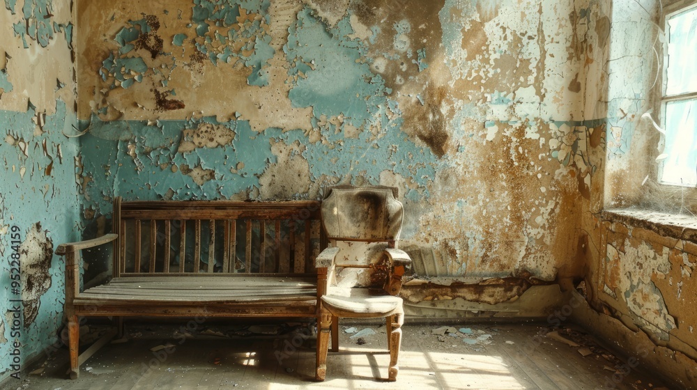 A room with faced concrete walls and an old wooden chair with a simple table are loaded with the atmosphere of days long gone