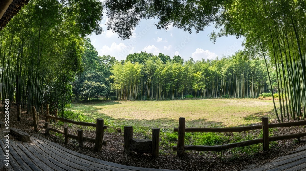 A panoramic view of the Chengdu Panda Base with bamboo groves. No people, copy space. A panoramic view of the Chengdu Panda Base with bamboo groves. No people, copy space.