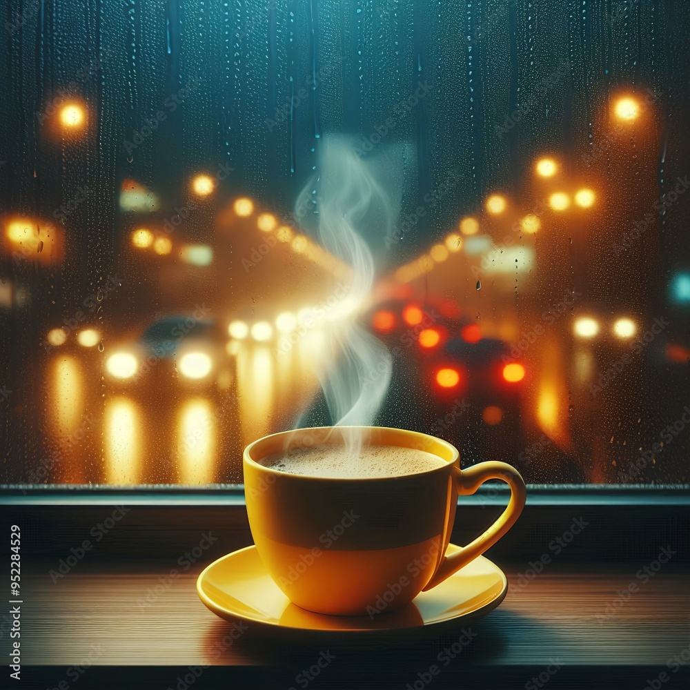 Obraz premium Hot black coffee when it's raining