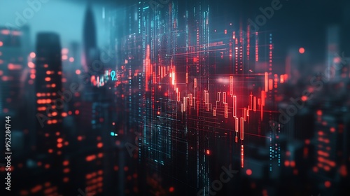 Wallpaper Mural Investing and real estate market crash concept with falling down digital financial chart candlestick and graphs with data indicators on city modern business centers background double e : Generative AI Torontodigital.ca