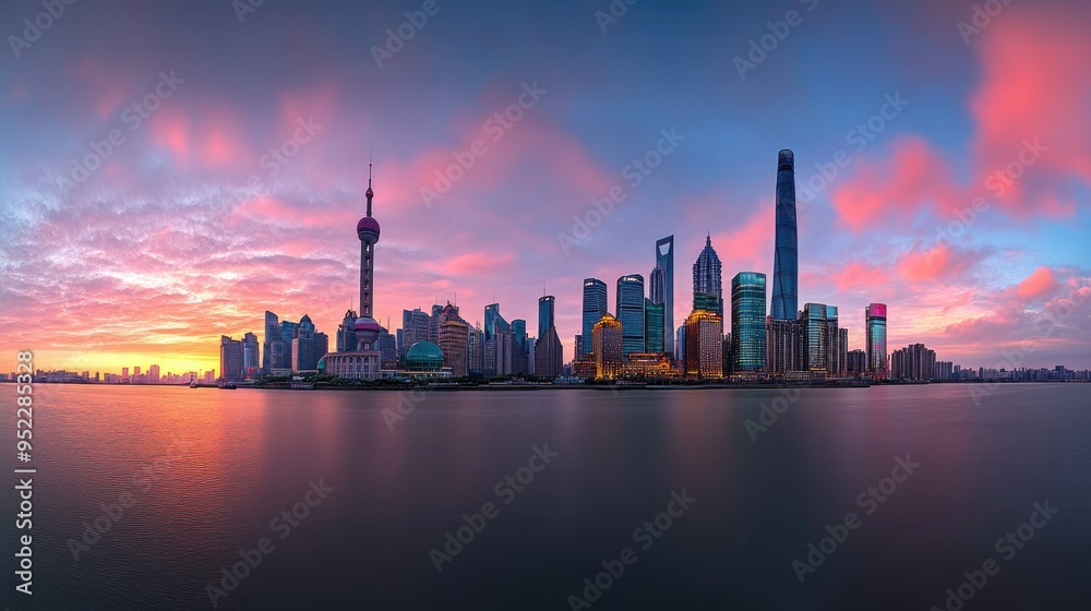 A panoramic view of the Shanghai skyline at sunset. No people, cityscape with copy space. A panoramic view of the Shanghai skyline at sunset. No people, cityscape with copy space.