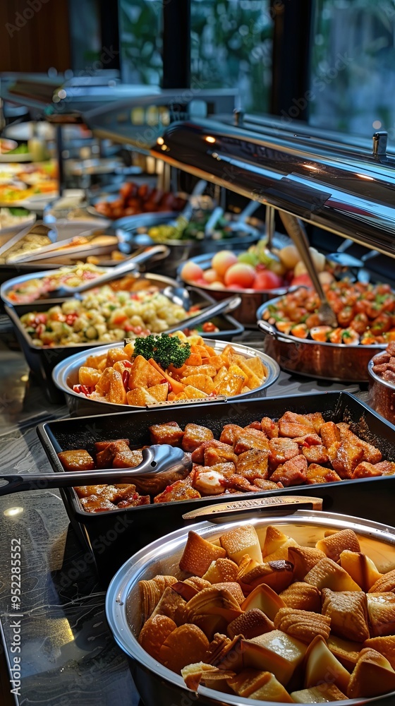 An opulent breakfast spread in a five-star hotel, with a selection of dishes from a contemporary resort buffet