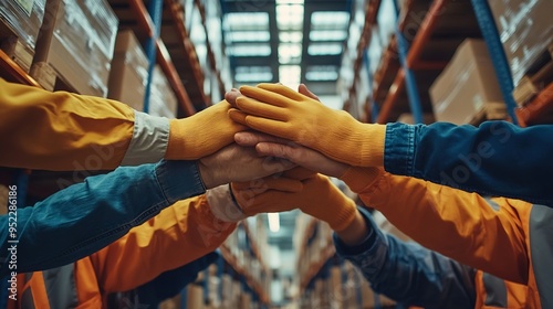 Close up view of warehouse workers putting their hands together Stack of hands Unity and teamwork : Generative AI