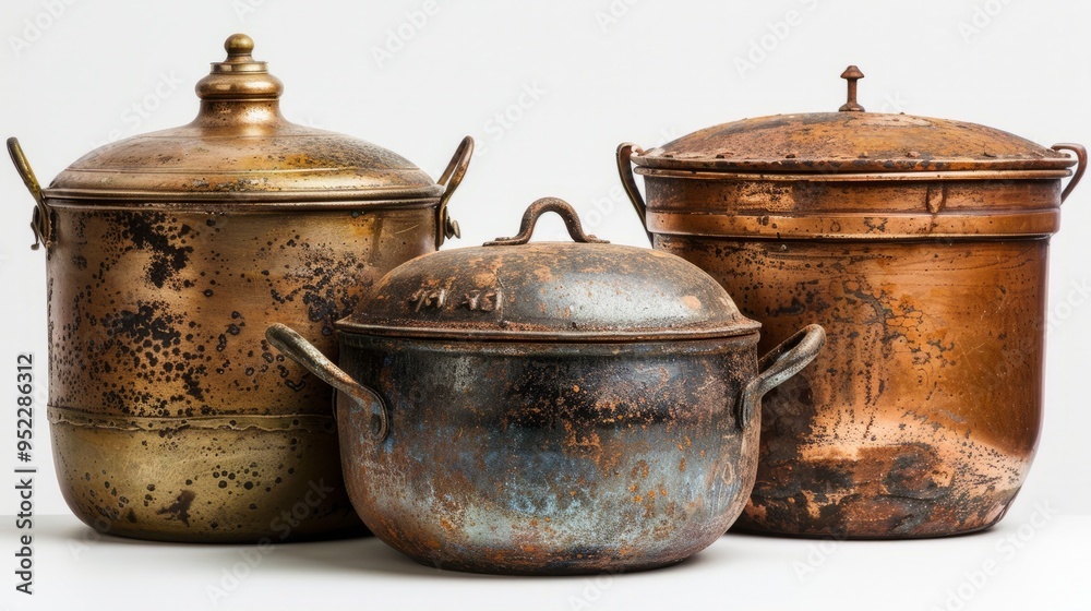 An elegant display of classic cooking vessels, featuring steel and copper pots and cauldrons with lids, set against a pristine white backdrop An elegant display of classic cooking vessels, featuring steel and copper pots and cauldrons with lids, set against a pristine white backdrop