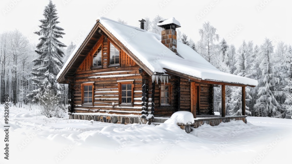 A picturesque snowy forest cabin located by a quiet lake and isolated in a serene winter landscape A picturesque snowy forest cabin located by a quiet lake and isolated in a serene winter landscape