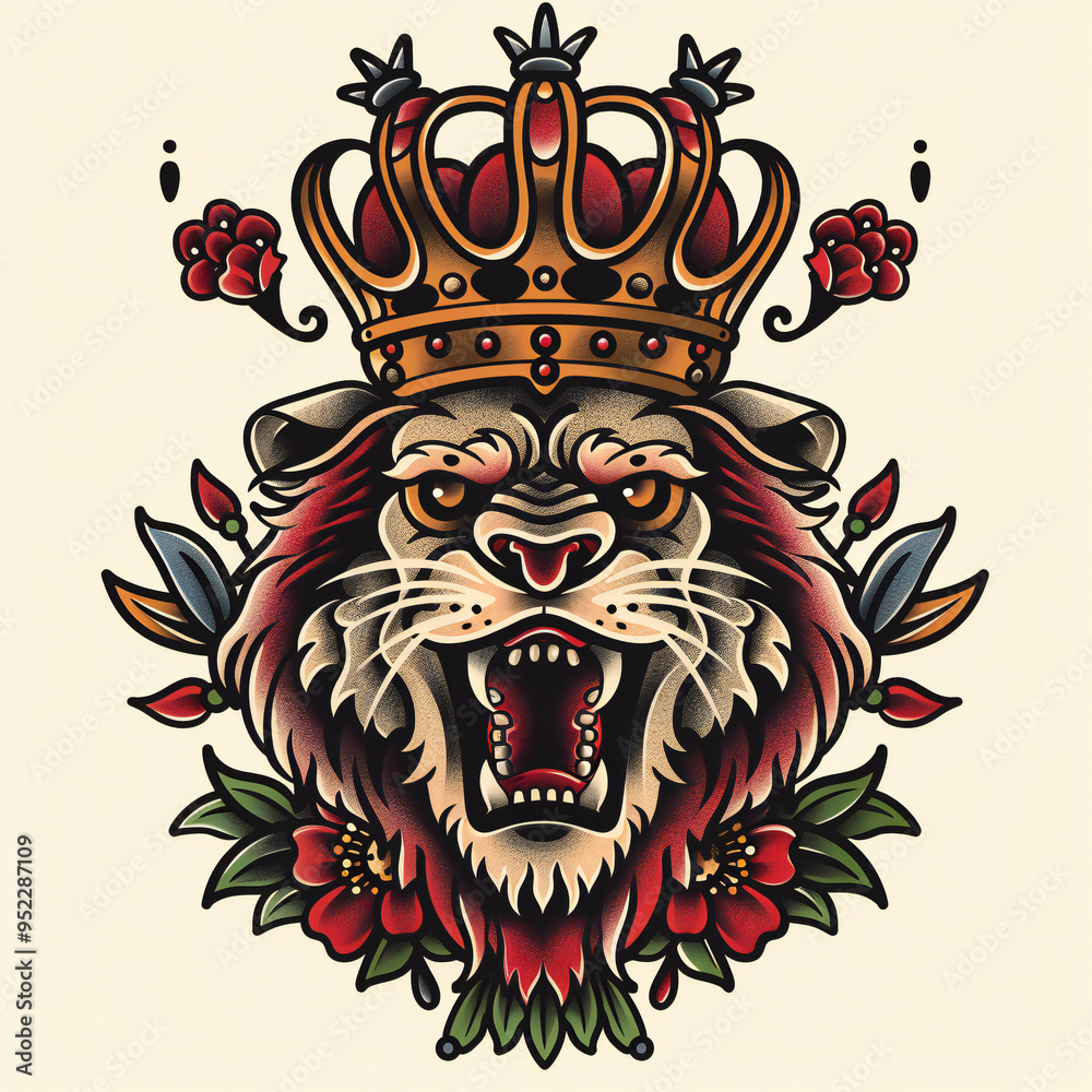 Lion wearing a Crown flower angry very simple traditional tattoo flash styles illustration Lion wearing a Crown flower angry very simple traditional tattoo flash styles illustration