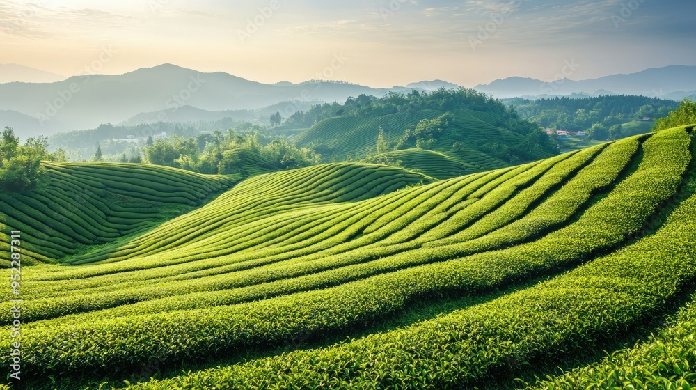 A quiet Chinese tea plantation with rows of green tea bushes on rolling hills. No people, copy space. A quiet Chinese tea plantation with rows of green tea bushes on rolling hills. No people, copy space.