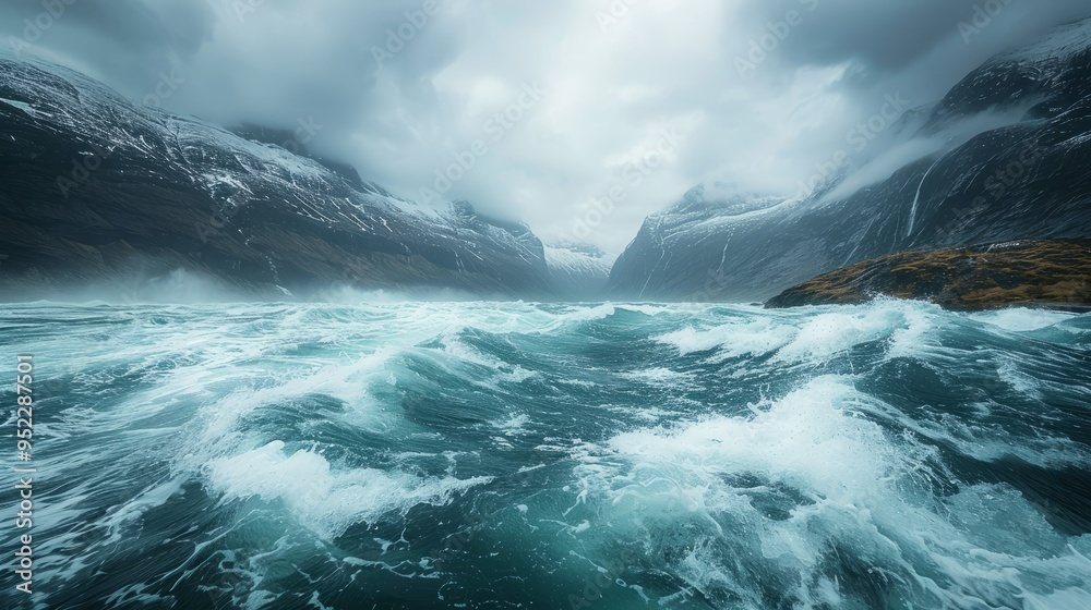 In the stormy fjords, the tides swell and the waves lash out fiercely. The river, in its troubled state, rushes madly beneath the watchful gaze of Cape Enniberg In the stormy fjords, the tides swell and the waves lash out fiercely. The river, in its troubled state, rushes madly beneath the watchful gaze of Cape Enniberg