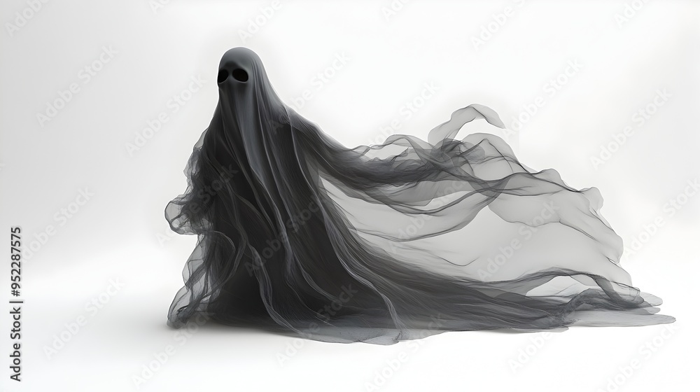 Eerie Translucent Halloween Ghost Floating on Pristine White Background Eerie Translucent Halloween Ghost Floating on Pristine White Background