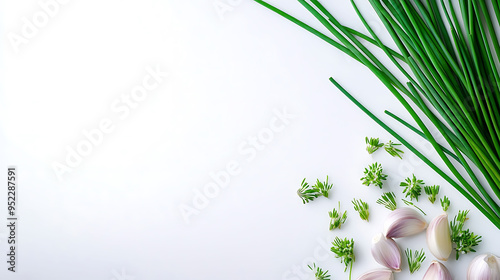 Kitchen scene featuring Garlic chives Allium tuberosum with writing space for a recipe on a white background photo