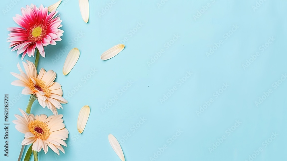 Fototapeta premium High-Resolution Stock Photo: Gerbera Daisies on Pastel Blue Background with Copy Space, Flat Lay Top View, Mockup Design Template